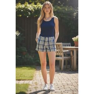 Gap Plaid Chino Shorts 16 Navy Blue Tan Cotton Madras Mid Rise Summer 90s 00s